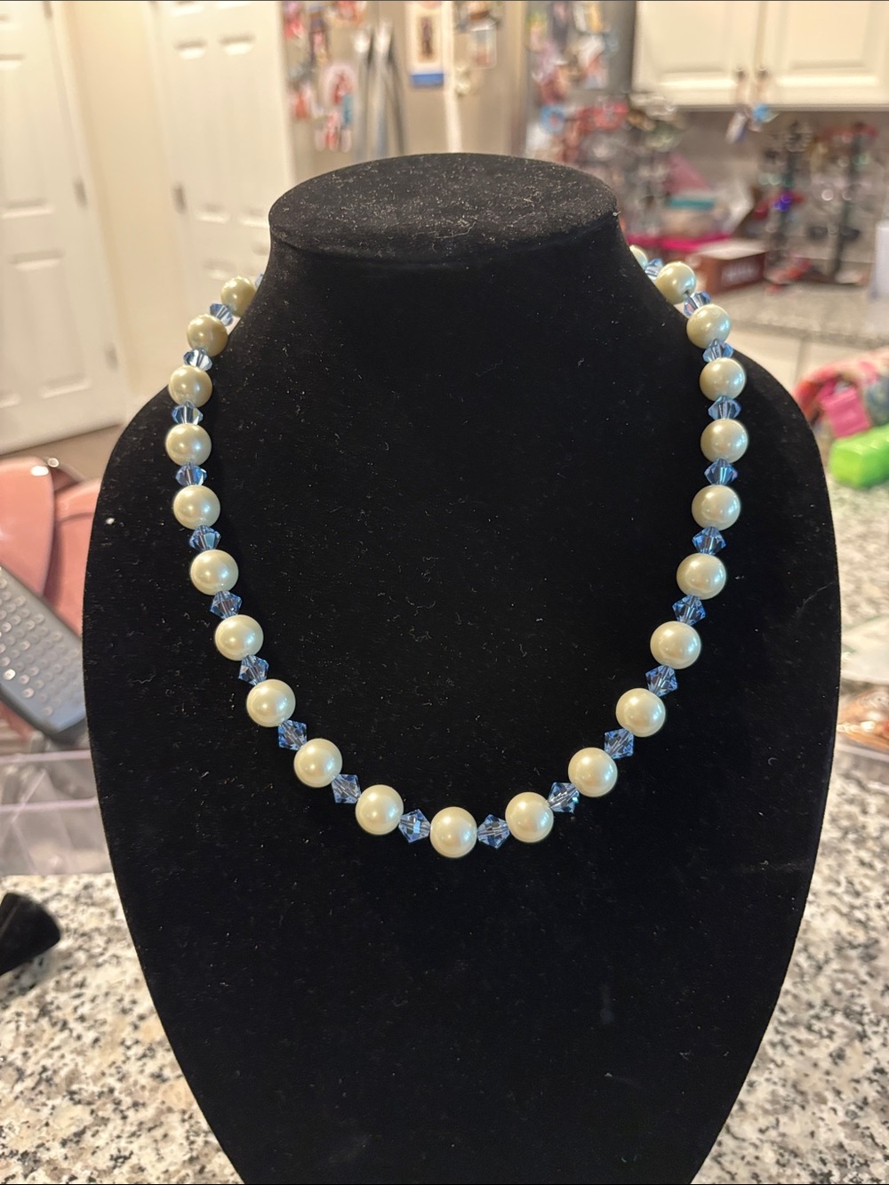 Big Round freshwater pearls and Light Blue Crystal Necklace